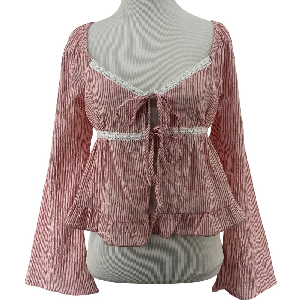 Love Fire Size Medium Peplum Top Red White Striped Lace Tie Front Coquette